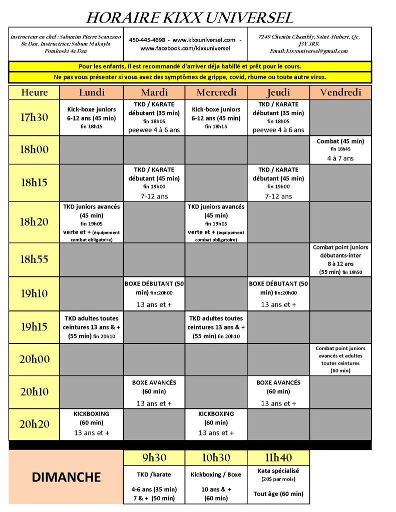 Horaire des cours Kixx Universel Taekwondo