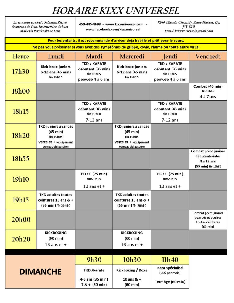 horaire kixx universel taekwondo 2026