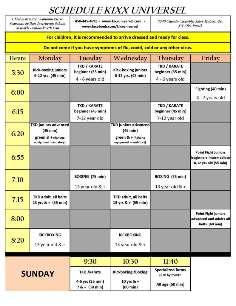 horaire kixx universel taekwondo 2026